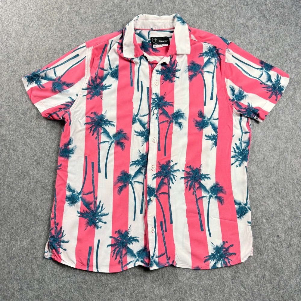 Original Use‎ Mens M Pink White Striped Palm Tree Tropical Short Sleeve Shirt